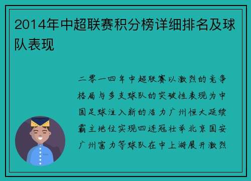 2014年中超联赛积分榜详细排名及球队表现